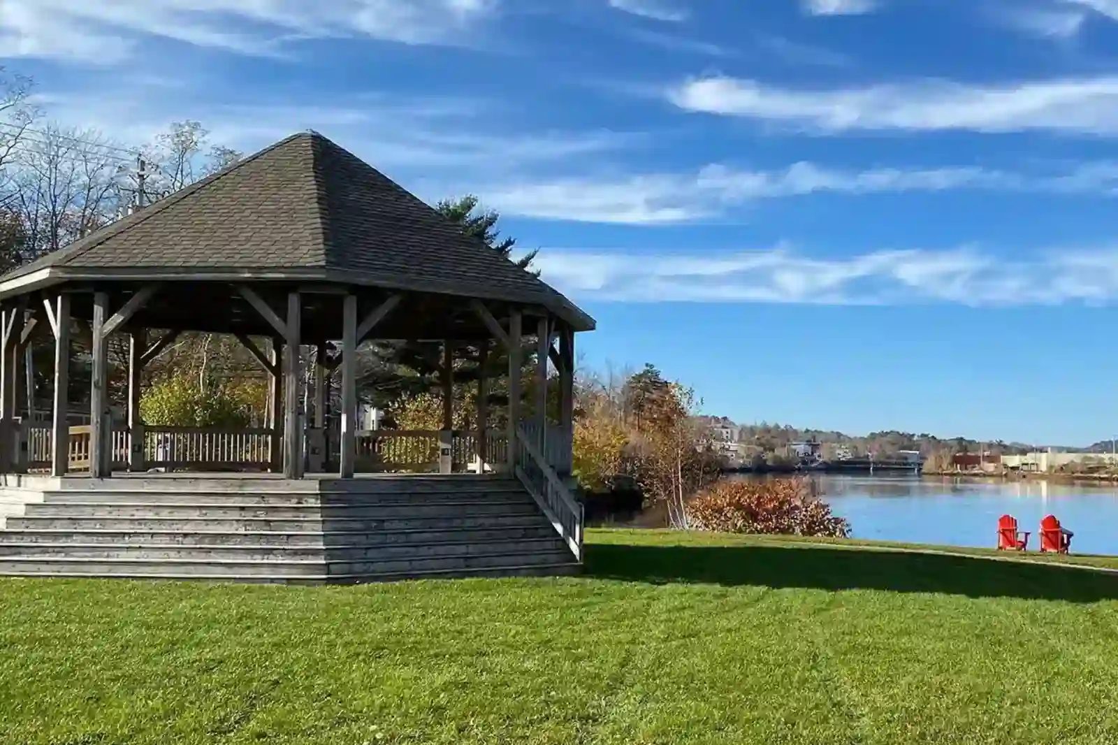 A phot of the wooden framed Shipyards Landing gazebo in Bridgewater