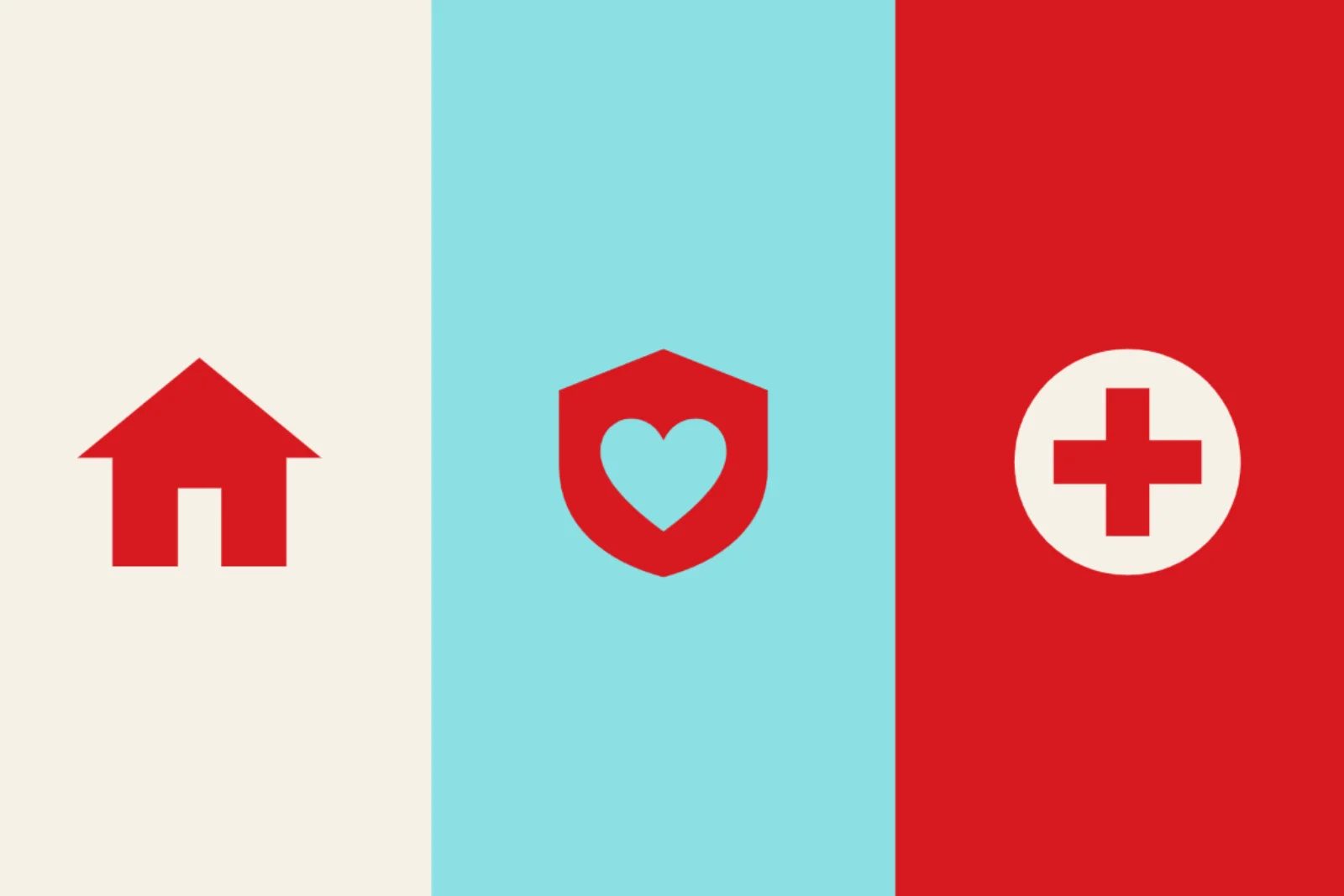 Three flat icons on side-by-side colour panels: a house on cream for housing, a heart inside a shield on aqua for gender-based violence, and a medical cross on red for healthcare.